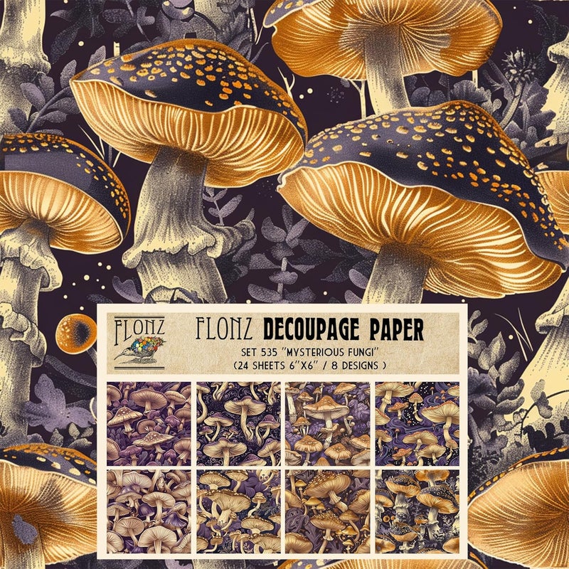 Decoupage Paper Pack (24 Sheets 6"x6") Mysterious Fungi: Enchanting Mushroom Patterns in Dark, Intricate Forest Designs for Creative Projects # Vintage Styled Paper for Craft